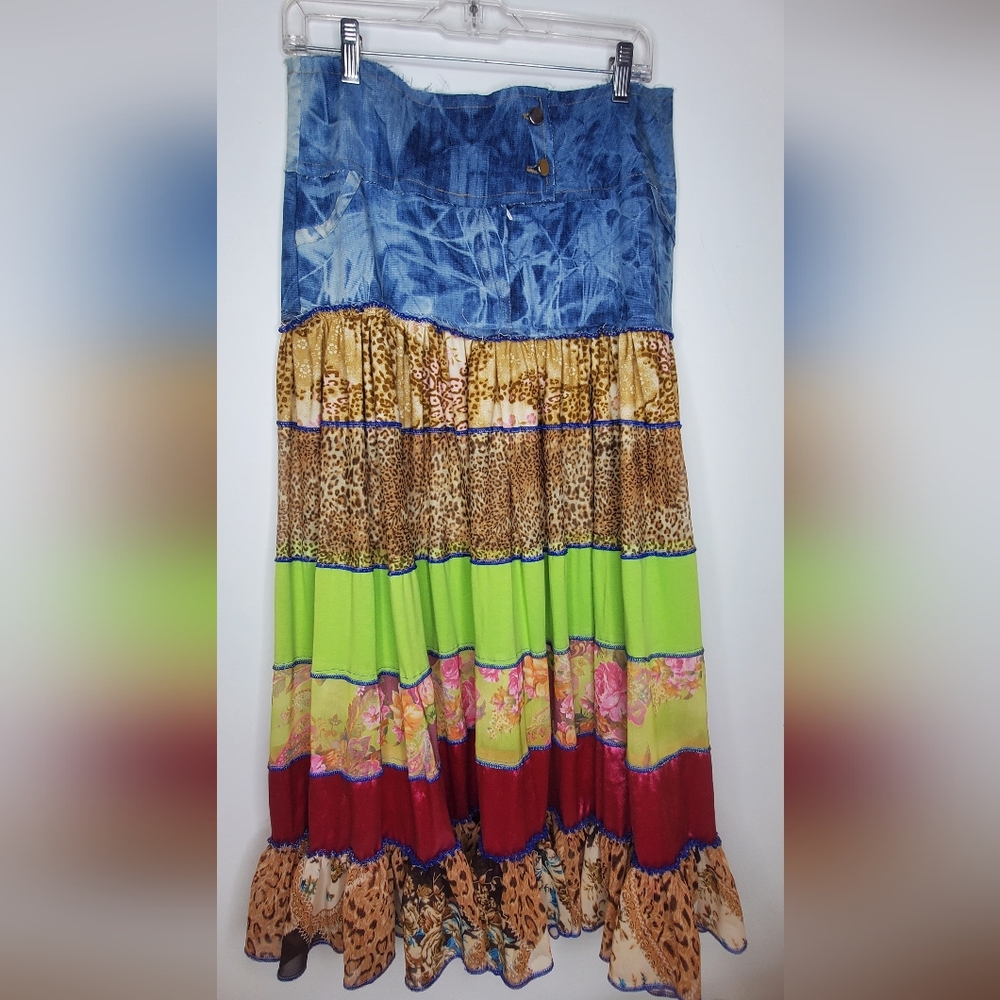 Chic Size 8 Denim Blue  And Ruffles Maxi Skirt Patch Work